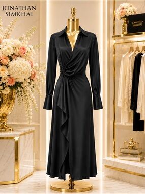 NWT SIMKHAI Black Satin Wrap Maxi Dress Size 4  Draped Front, Long Cuff Sleeves